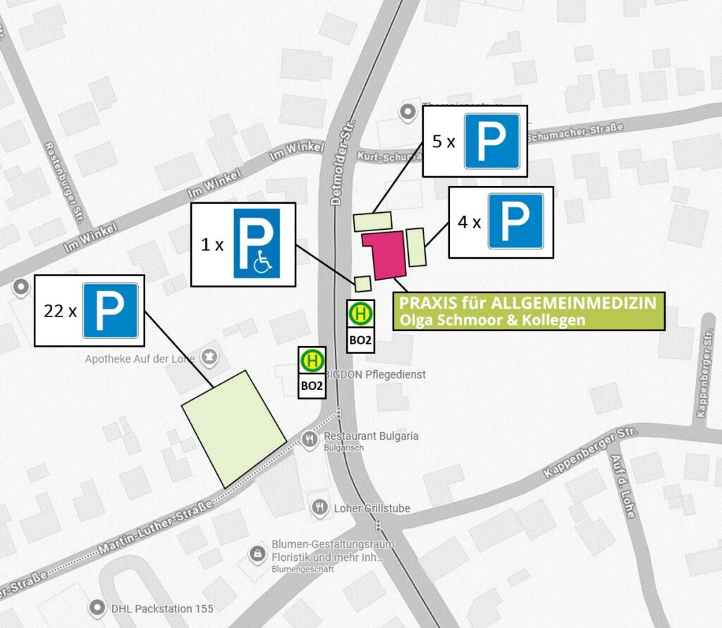 Parkplatz-Karte der Hausarztpraxis Schmoor in Bad Oyenhausen